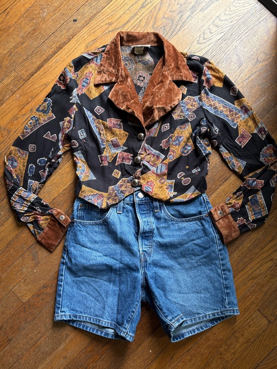 Banjo Tops - Vintage Banjo Southwestern Velvet Collar Blouse | Boho Western Button Down | M